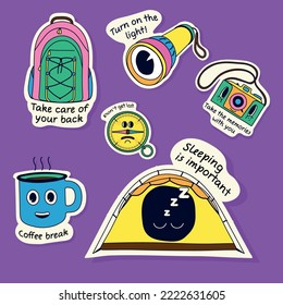 Travelling sticker pack. A set of stickers with inspiring phrases and illustrations that reflect the essence of hiking and trekking in y2k style. Bag, cup, mug, camera, tent, compass, flashlight