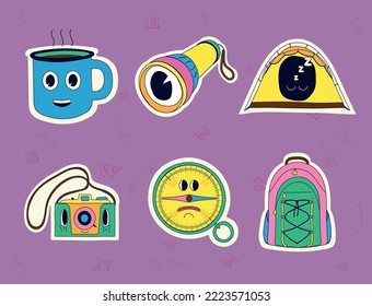 Travelling sticker pack. A set of stickers on the topic hiking and trekking in y2k style. Bag, cup, mug, camera, tent, compass, flashlight