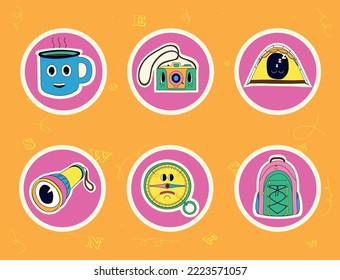 Travelling sticker pack. A set of stickers about hiking and trekking in y2k style. Bag, cup, mug, camera, tent, compass, flashlight
