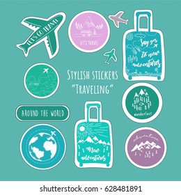 Travelling. Stylish stickers isolated on turquoise background. Hand drawn vector illustration.