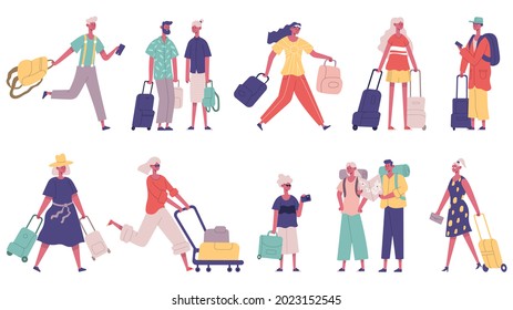 Travelling summer vacation tourist male and female characters. Tourist with luggage at airport vector illustration set. Travellers mascots with backpacks, reading map, hurrying with baggage
