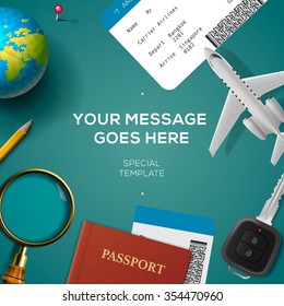 Travelling template with airplane model, smartphone, plane ticket, passport, key and globe, travel and vacations concept. vector illustration.