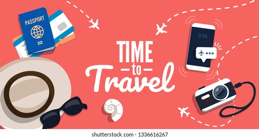 ?oncept of travelling with the text. Vector illustration in flat style. Suitcase, ticket, hat, sunglasses on a red background.