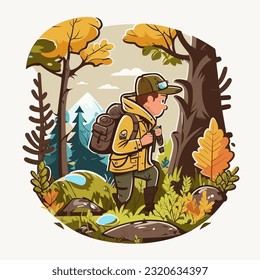 Travelling through the forest. A trip to the countryside. Cartoon vector illustration. isolated background, label, sticker