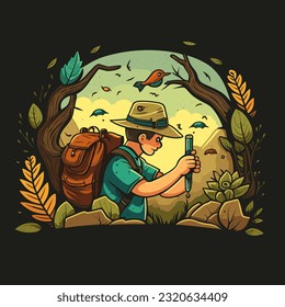 Travelling through the forest. A trip to the countryside. Cartoon vector illustration. isolated background, label, sticker