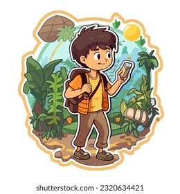 Travelling through the forest. A trip to the countryside. Cartoon vector illustration. isolated background, label, sticker