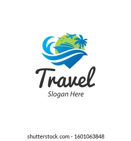 Travelling and tour logo iconic. Airplane, yacht, wave, and pin. Branding for tour and travel, travel agency, tour agency, vacations, journey,etc. Isolated logo vector inspiration. Graphic designs