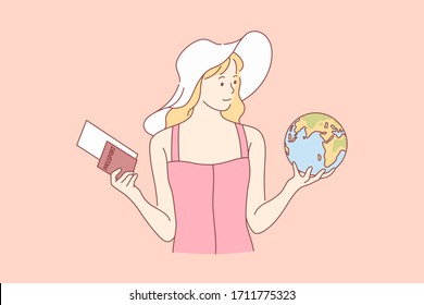 Travelling, tourism, holiday, choice concept. Young happy woman girl tourist cartoon character stands with passport and flight ticket on summer vacation. Active lifestyle and recreation illustration.