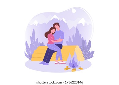 Travelling, tourism, nature, camping concept. Happy couple in love man woman tourists hikers cartoon characters sitting and hugging on log near bonfire. Vacation trip active lifestyle and recreation.