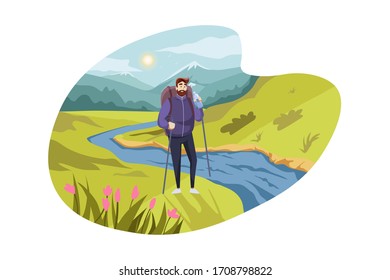 Travelling, tourism, nature, hiking concept. Young thirsty man hiker tourist with backpack drinks water by river at mountain valley. Vacation trip with active recreation and extreme lifestyle.