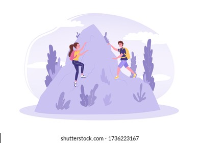 Travelling, tourism, nature, mountaineering, hiking concept. Young couple man woman tourists hikers travelers climbing mountain together. Vacation trip with active lifestyle and extreme recreation.