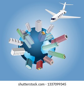 Travelling and tourism poster design. Vector  tours promotion with city buildings  at planet earth, global travel and flying plane 