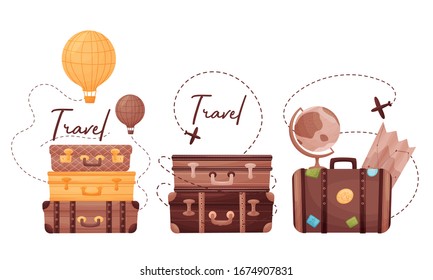Travelling Trunks with Map and Globe Isolated on White Background Vector Set