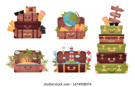 Travelling Trunks with Palm Trees and Lighthouse Inside Vector Set