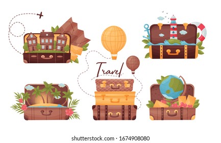 Travelling Trunks with Palm Trees and Lighthouse Inside Vector Set