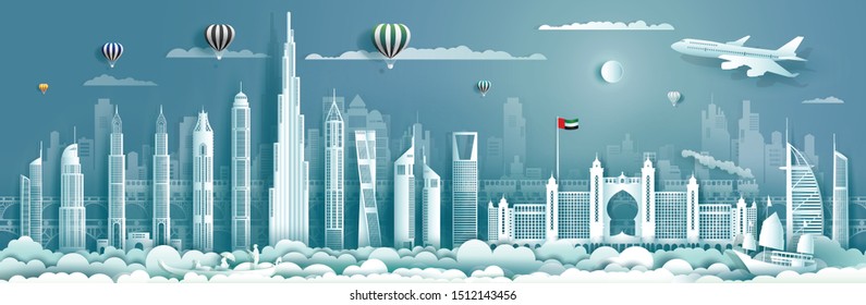 Viajando por los EAU con moderno edificio, skyline, rascacielos, folleto de negocios de diseño moderno.Viaje a los Emiratos Árabes Unidos y lugares de interés de Asia con arquitectura de fondo.Ilustración vectorial