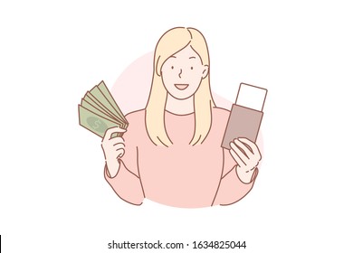 Travelling, vacation, tourism concept. Young woman tourist bought flight ticket, goes to travel abroad. Adventurous girl traveler flies with tickets to other country on vacation. Simple flat vector