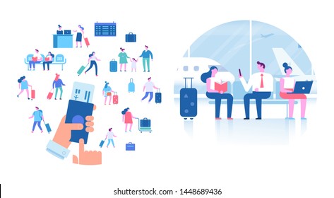 Travelling, vactaion. People sitting and walking in airport terminal. Infographics elements, banner or poster design arranged in circle shape. Hand with airplane ticket.  Flat vector illustration.