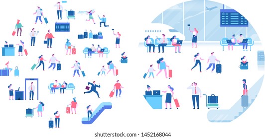 Travelling, vactaion. People sitting and walking in airport terminal. Infographics elements, banner or poster design arranged in circle shape. Hand with airplane ticket.  Flat vector illustration.