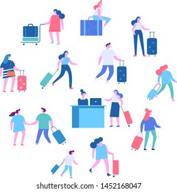 Travelling, vactaion. People sitting and walking in airport terminal. Infographics elements, banner or poster design arranged in circle shape. Hand with airplane ticket.  Flat vector illustration.