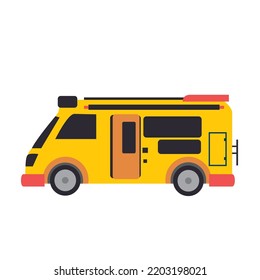 travelling in van, camper van for recreational holiday. Vector flat adventure vacation concept