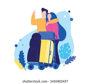 Travelling vector illustration concept. Couple with luggage at the airport. Use for, landing page, template, ui, web, mobile app, poster, banner, flyer