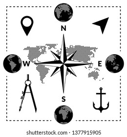 Travelling vector set of dotted map, globes series, compass and location icons