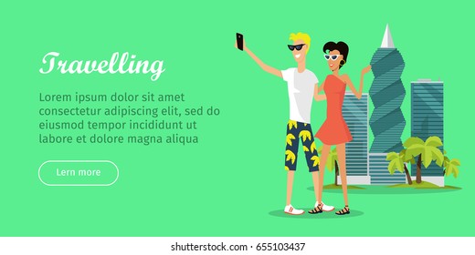 Travelling web banner in flat style. People making selfie on the background of skyscrapers. United Arab Emirates or OAE poster. Vector illustration