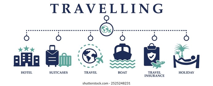 Travelling web banner icons collection. Containing icon of hotel, suitcases, travel, boat, travel insurance and holiday . For sign, symbol, presentation, infographics, or web graphics