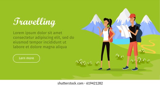 Travelling web banner. Tourists looking at map to find the way. Woman and man in the mountains. Floral alpic background in flat style. People on the rest. Mountaineering concept. Vector illustration