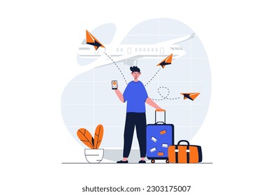 Travelling web concept with character scene. Man with suitcase waiting for flight on vacation in airport. People situation in flat design. Vector illustration for social media marketing material.