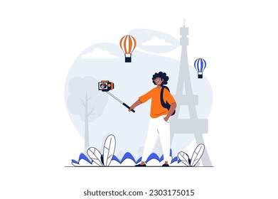 Travelling web concept with character scene. Man traveler with camera taking selfie in Paris near landmark. People situation in flat design. Vector illustration for social media marketing material.