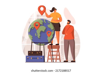 Travelling web concept in flat design. Couple with suitcases goes on vacation together and choosing location in globe. Man and woman going to worldwide travel. Vector illustration with people scene