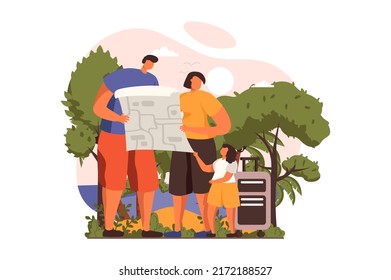 Concepto de web itinerante en diseño plano. La familia con el equipaje se va de vacaciones juntos y ruta de senderismo en el mapa. Papá, madre e hija viajarán. Ilustración vectorial con escena de personas