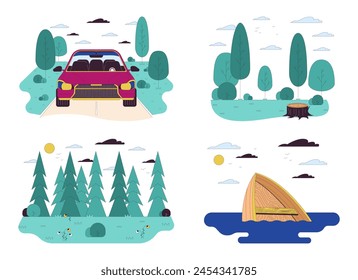 Viajando a la naturaleza salvaje línea de dibujos animados conjunto de ilustración plana. Turismo 2D objetos lineart aislados sobre fondo blanco. Seguridad durante las actividades al aire libre escena Vector color Imagen colección