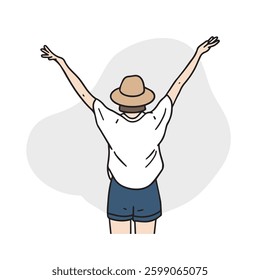 A travelling woman stands with her arms up. A hand-drawn vector illustration about travel.