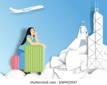 Travelling woman with suitcase on Hongkong background ,  paper cut style .candy color vector style.