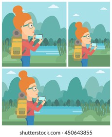 Travelling woman taking photo of landscape with mountains. Young hiking woman with backpack taking photo with her cellphone. Vector flat design illustration. Square, horizontal, vertical layouts.