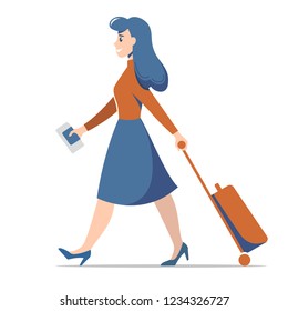 Travelling woman with ticket, passport and luggage. Vector illustration.