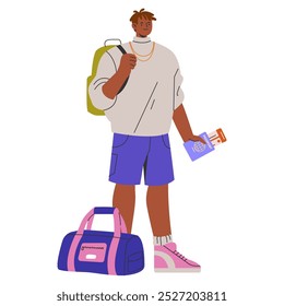 Concepto de hombre de negocios listo para viajar. Emprendedor moderno con mochila y bolsa de gimnasio, con pasaporte. El atuendo corporativo informal se encuentra con la aventura. Ilustración vectorial.