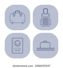 Travel-related icons wit essential items for journey, including luggage, passport, and suitcase on conveyor belt. Travel preparation concept