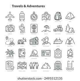 Travels and Adventures Line Vector Icon Collection. Summer vacations and tourism. A set of outline icons related to Airplane, Passport, Cruise, Beach, Hotel, Insurance, Ticket. Editable stroke