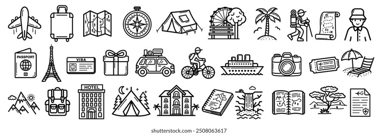 Viajes y Aventuras Vector Icon Colección. Vacaciones de verano y turismo. Un conjunto de iconos de esquema relacionados con avión, pasaporte, crucero, playa, hotel, seguro, ticket.Ilustración vectorial