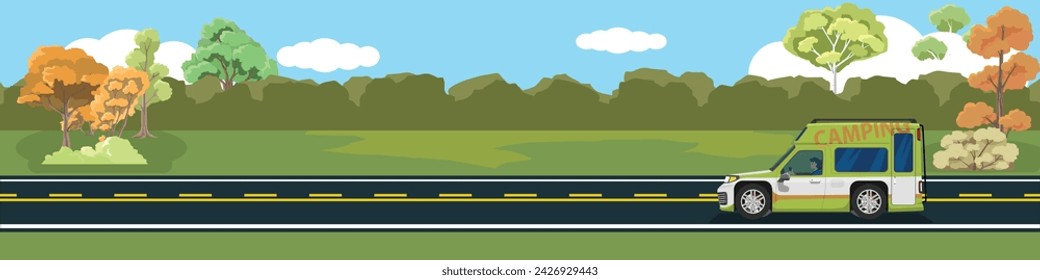 Travels of camping car with driving for banner. Asphalt road near the meadow forest under clear sky and white clouds. Copy Space Flat Vector.