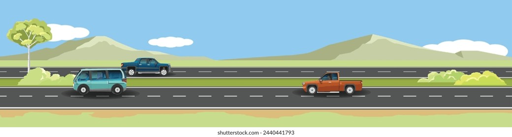 Viajes de coche con la conducción para la pancarta. Carretera de asfalto cerca de la pradera con montaña verde bajo cielo despejado. Los árboles y la hierba dividen el camino. Copiar el vector plano del espacio.