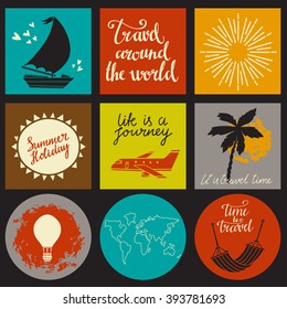 Travels card design set isolated, sailboat, aircraft, hot air balloon, palm tree, sun rays, world map, hammock calligraphic text, handwriting