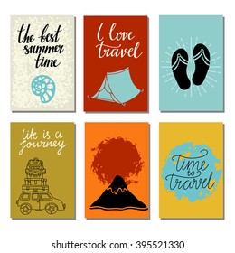 Travels card design set isolated, seashell, tent, flip flop sandals, mount fuji, sun, car,  calligraphic text, handwriting