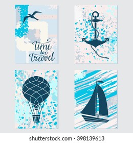 Travels card design set isolated, bird, anchor, hot air balloon, sailboat, calligraphic text, handwriting