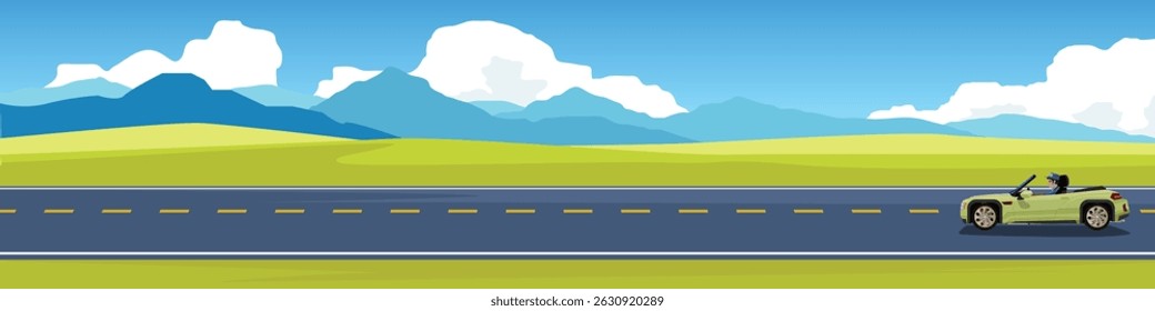 Travels of Convertible or Sport Roadster with driving man for banner. Asphalt road near plain grassland and hills with rugged mountains. Under the white clouds and blue sky. Copy Space Flat Vector.