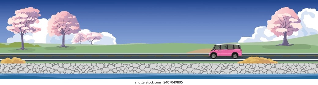 Reisen mit Familienwagen mit dem Fahnen. Asphalt Straße in der Nähe der Wiese mit Kirschblüte Baum. Vordergrund mit Fluss. Unter klaren Himmel und weißen Wolken. Kopieren Sie einen flachen Vektorgrafik-Bereich.